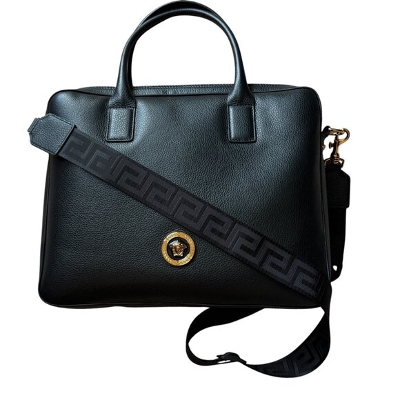 VERSACE 1013360 BLACK LEATHER MEDUSA MEDALION BRIEFCASE MESSENGER SHOULDER BAG - Picture 2 of 15